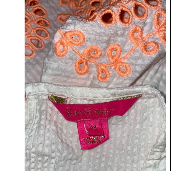 Lilly Pulitzer Lilliana Embroidered Seersucker Top in Cantaloupe.     Size: M - Picture 6 of 6
